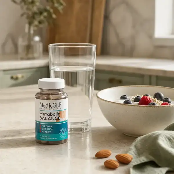 MedicGLP Flasche neben Wasser und einem ausgewogenen Frühstück