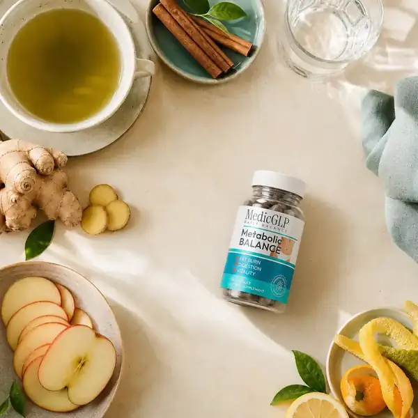 MedicGLP neben Grüntee, Apfel, Ingwer, Zimt und Zitrusfrüchten